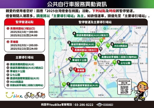 台灣燈會2/7起開跑 桃園交通局曝YouBike站點調整詳情