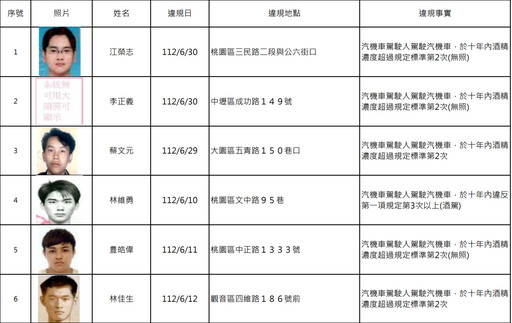 罰不怕！桃園公布15位酒駕累犯 姓名、正面照大公開