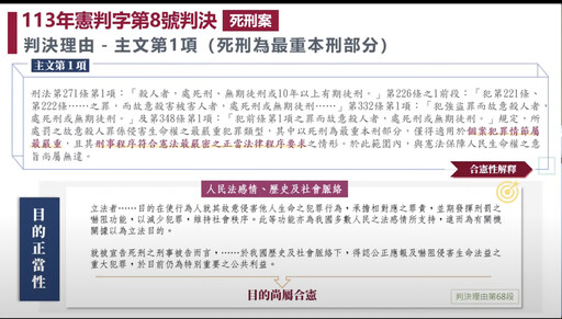 【死刑合憲解釋】大法官：公正應報及嚇阻侵害生命 目前仍為特別重要之公共利益