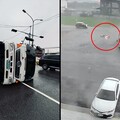 【有片】詭異天氣！苗栗雨勢猛烈還颳龍捲風 機車騎士、大貨車瞬間遭掀翻