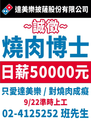 達美樂史上最高薪徵才?中秋祭大獎5萬元優惠券招募「燒肉博士」