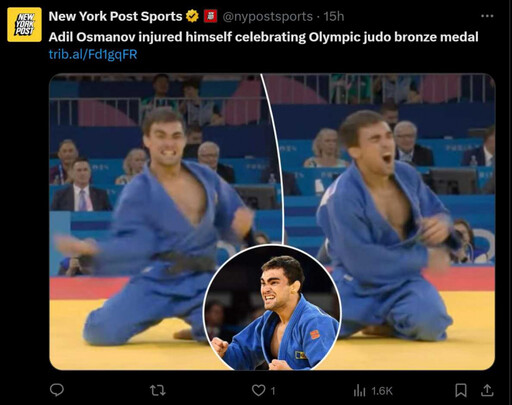 巴黎奧運／摩爾多瓦柔道選手奪銅太興奮 他揮手下秒「肩膀脫臼」痛苦倒地