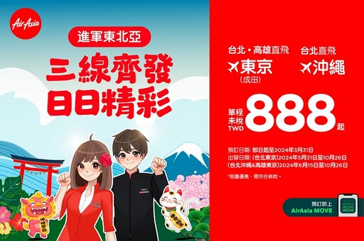 AirAsia飛日本了！北高兩地飛東京、沖繩，單程未稅新台幣 888元起