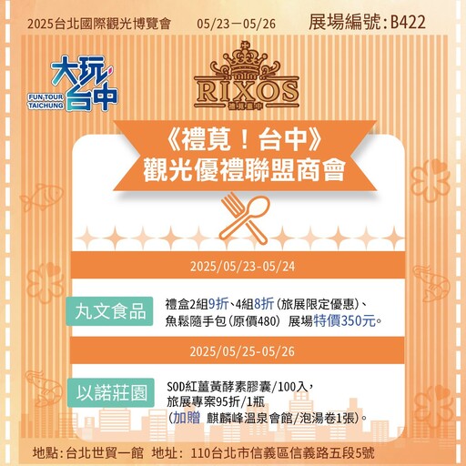 台北國際觀光博覽會「台中館」開幕 中市觀旅局推台中糕餅文化、旅展限定優惠及全館滿額抽獎禮