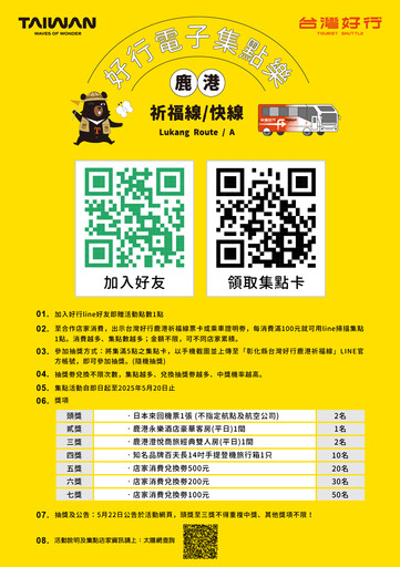 台灣好行Line集點大抽獎，彰化鹿港祈福線送日本機票等好禮