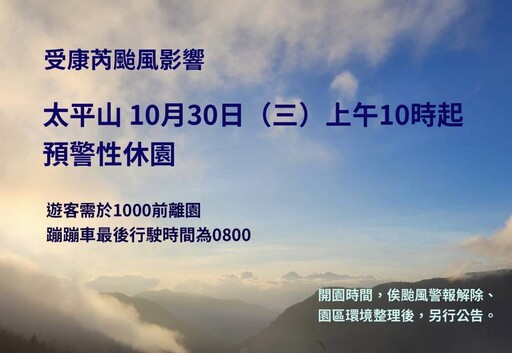 預測康芮恐撲台 太平山10/30上午10時起預警性休園