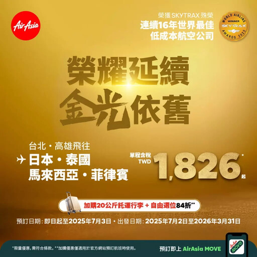 AirAsia賀Skytrax 16連霸 金色彩繪機登場全航線1826起
